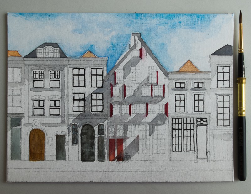 Delft houses painting (18 x 24 cm on cotton mounted on cardboard)