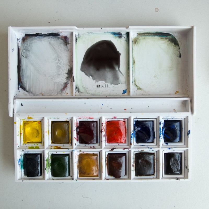 Winsor yellow - Transparent yellow - Scarlet lake - Permanent alizarin crimson - Winsor Blue (red shade) - Ultramarine (green shade) Winsor green - Permanent sap green - Yellow ochre - Burnt sienna - Burnt umber - Perylene green