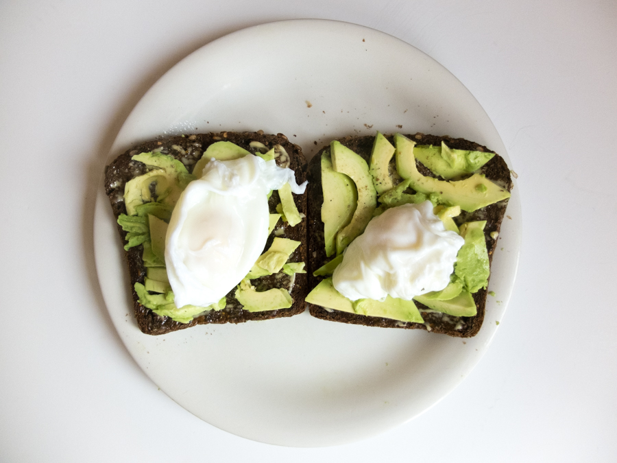 Toast with avocado, truffle mayo, and poached egg