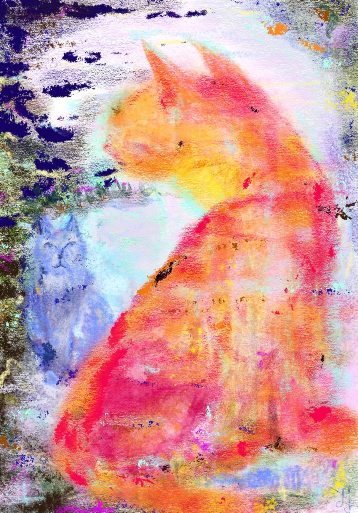 A pastel painting of abstract orange and blue cats