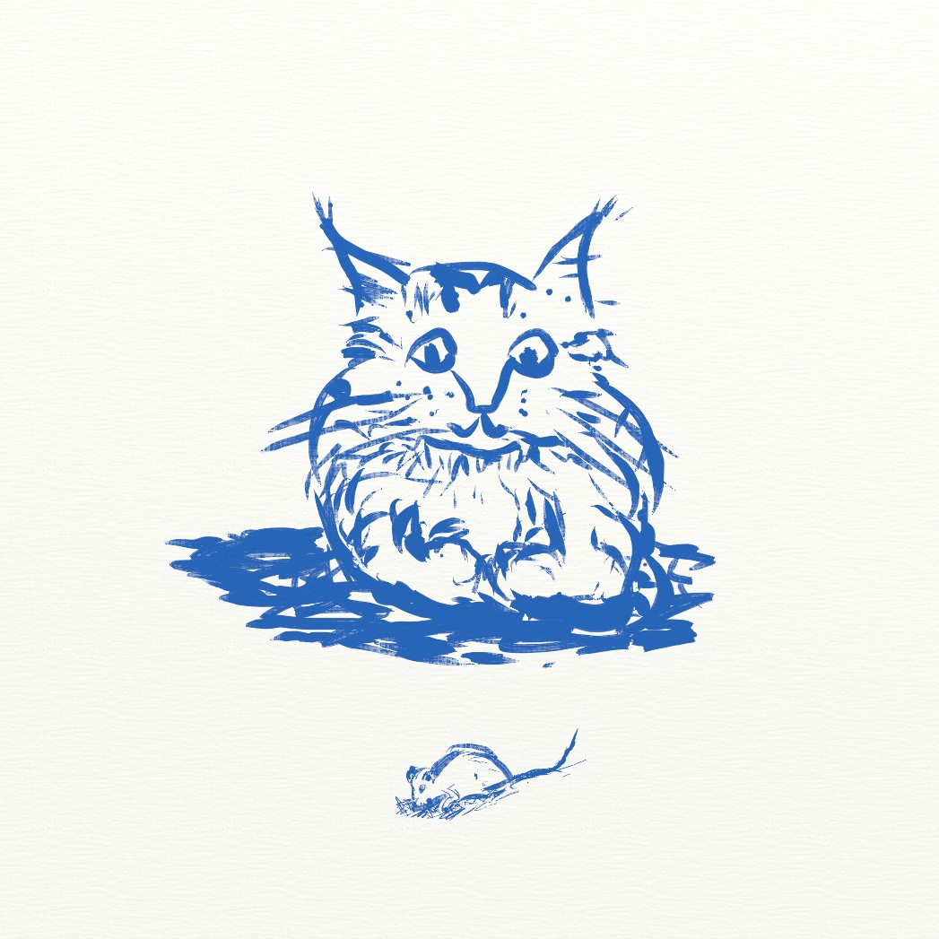 A blue ink drawing of a cat observing a mouse