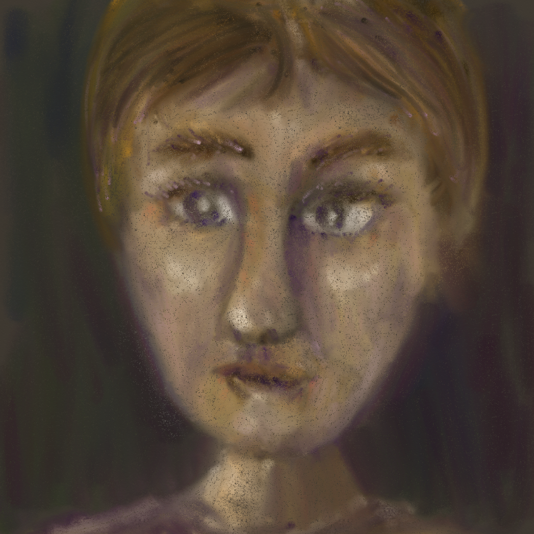 A pastel painting of a worried face