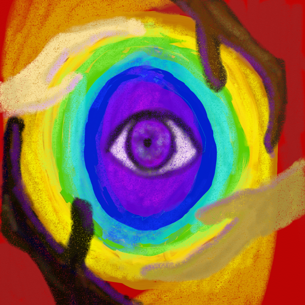 A painting of a purple eye, carried by hands in multiple colours