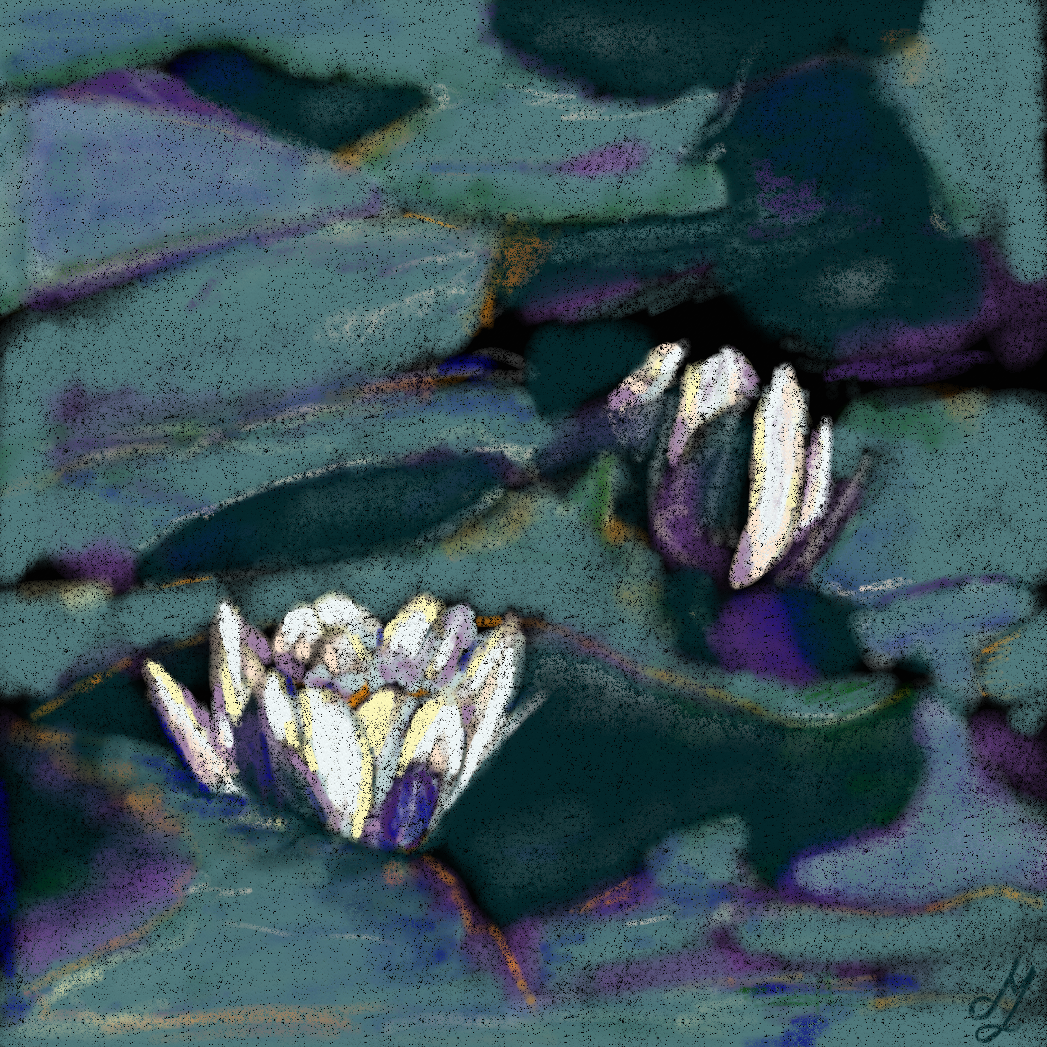 A pastel painting of waterlilies