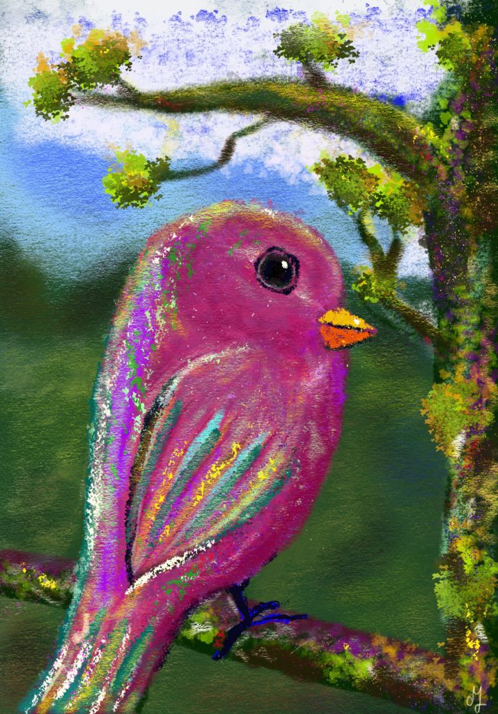 A pastel painting of a pink bird sitting on a tree branch