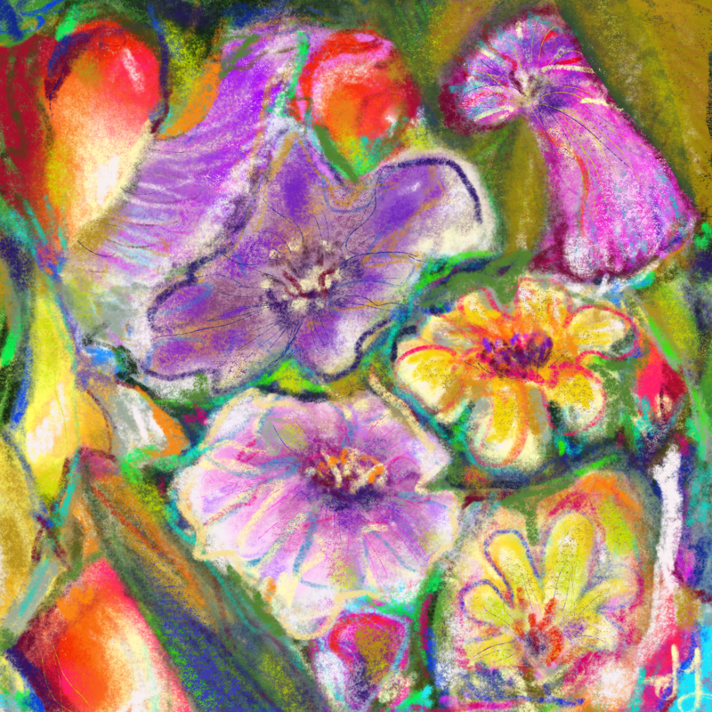 A digital painting of a colourful bouquet of flowers.