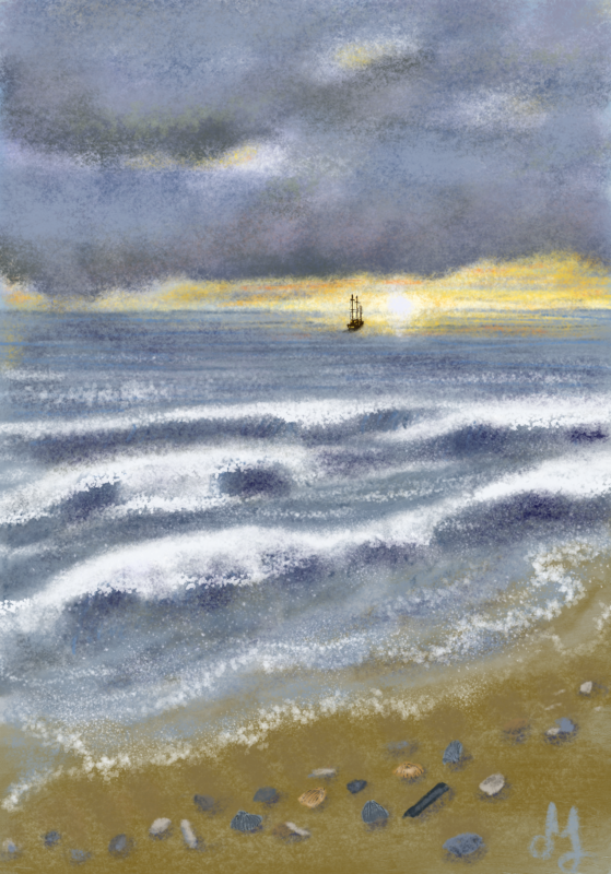Digital seascape. Dark clouds are hanging above the sea. A small ship is sailing towards the setting sun.