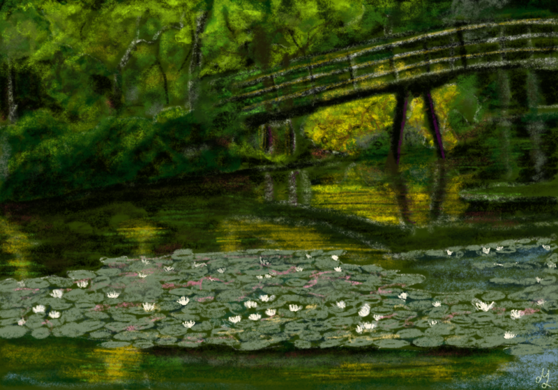 A digital painting of a pond in the Haagse Bos. In the foreground you can see waterlilies in the water, and in the background there is a curved bridge.