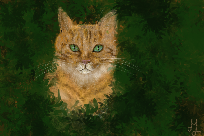 Digital painting of a ginger cat, hiding in the bushes, looking straight at you.
