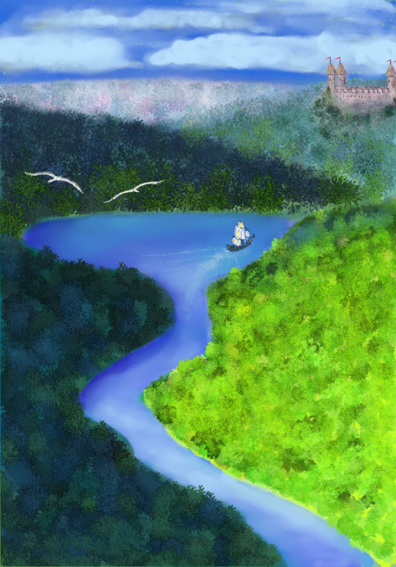 Digital painting of a landscape of hills and a flowing river. There is a little ship sailing toward the castle in the distance.