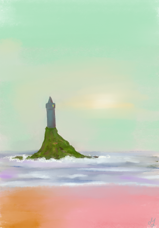 Digital painting of a lighthouse on a small island. The sky is pale green.