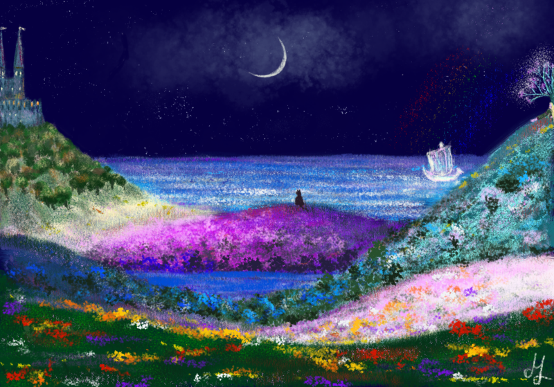 Digital painting of a landscape at night. The hills have different bright colours. The sea can be seen behind it. There is a castle on one of the hills. A cat is sitting on top of another hill. On yet another hill stands a tree, and a woman is sitting next to it. A ghost ship is sailing on the sea.
