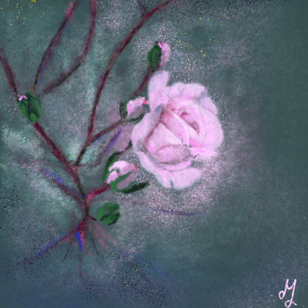 Digital painting of a light pink rose on a dark teal background. The picture looks dreamy.
