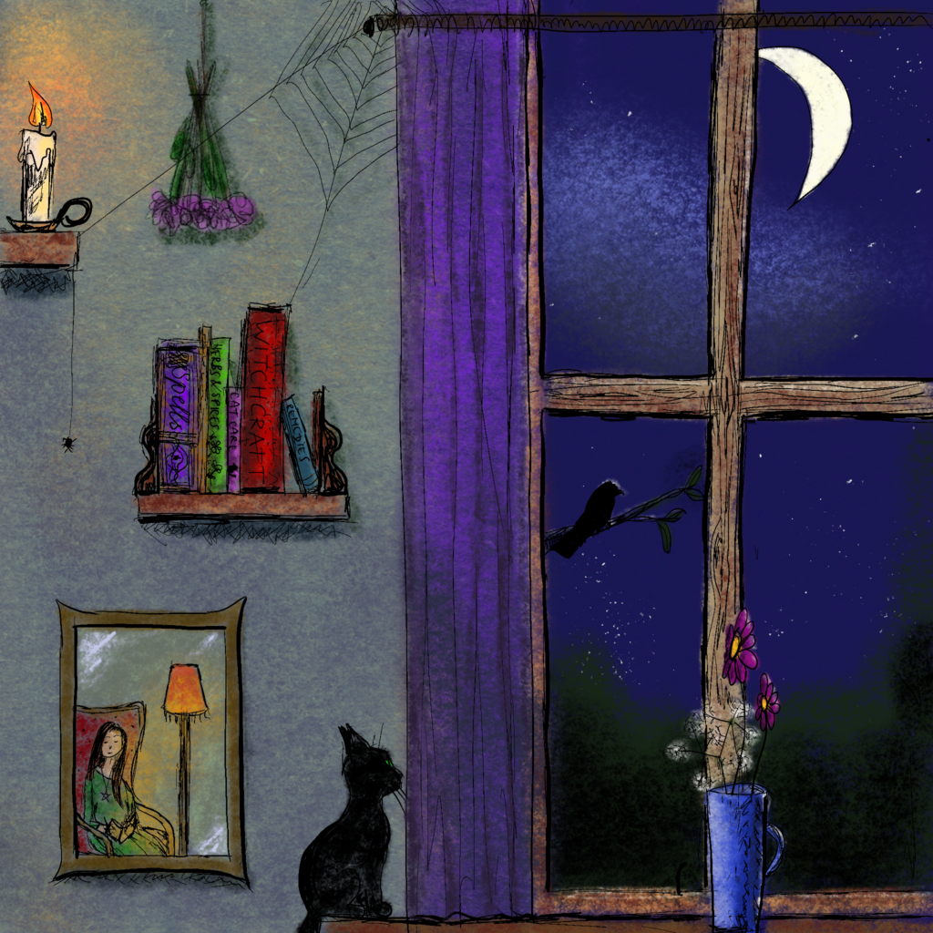 Digital painting of a witch's room. On the left there are two shelves, one with a candle, and the other with books. A mirror hangs there, showing the witch sitting and reading in her chair on the opposite side of the room. On the right is a window. It is night. A black cat is observing the raven in the tree outside. A blue case with flowers sits on the window sill.