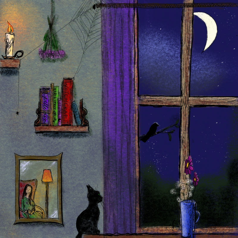Digital painting of a witch's room. On the left there are two shelves, one with a candle, and the other with books. A mirror hangs there, showing the witch sitting and reading in her chair on the opposite side of the room. On the right is a window. It is night. A black cat is observing the raven in the tree outside. A blue case with flowers sits on the window sill.