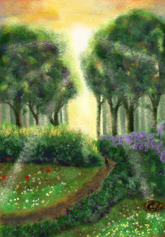 A digital painting of a landscape. In the front are small meadows filled with flowers. A cat is sleeping there. A small path leads to the forest in the back. The sun is shining behind the trees. A cat sits on the path and looks at the light.