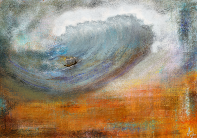 Digital painting of a gigantic wave, threatening a little ship.