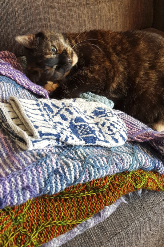 Freya, lying on a pile of knitted shawls, looking content.