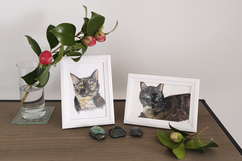 Watercolour portraits of Freya and Fiona. A camellia branch is standing next to the portraits, and there are a few crystals in front.